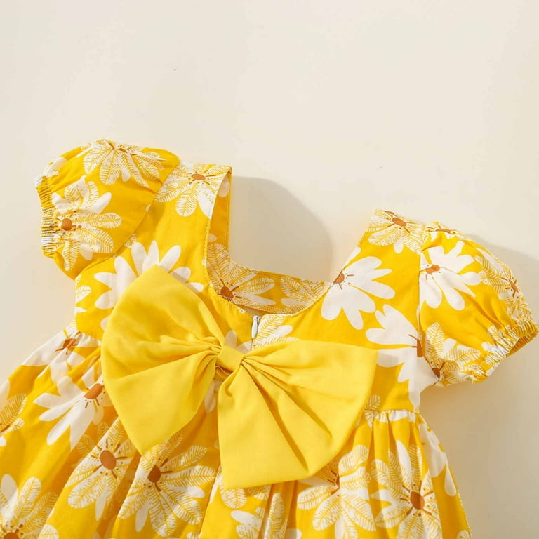 Penkiiy Toddler Baby Girl Summer Daisy Round Neck Bubble Sleeve Bow Short Sleeve Dress Casual Dresses for Girls 18 24 Months Yellow On Clearance Walmart