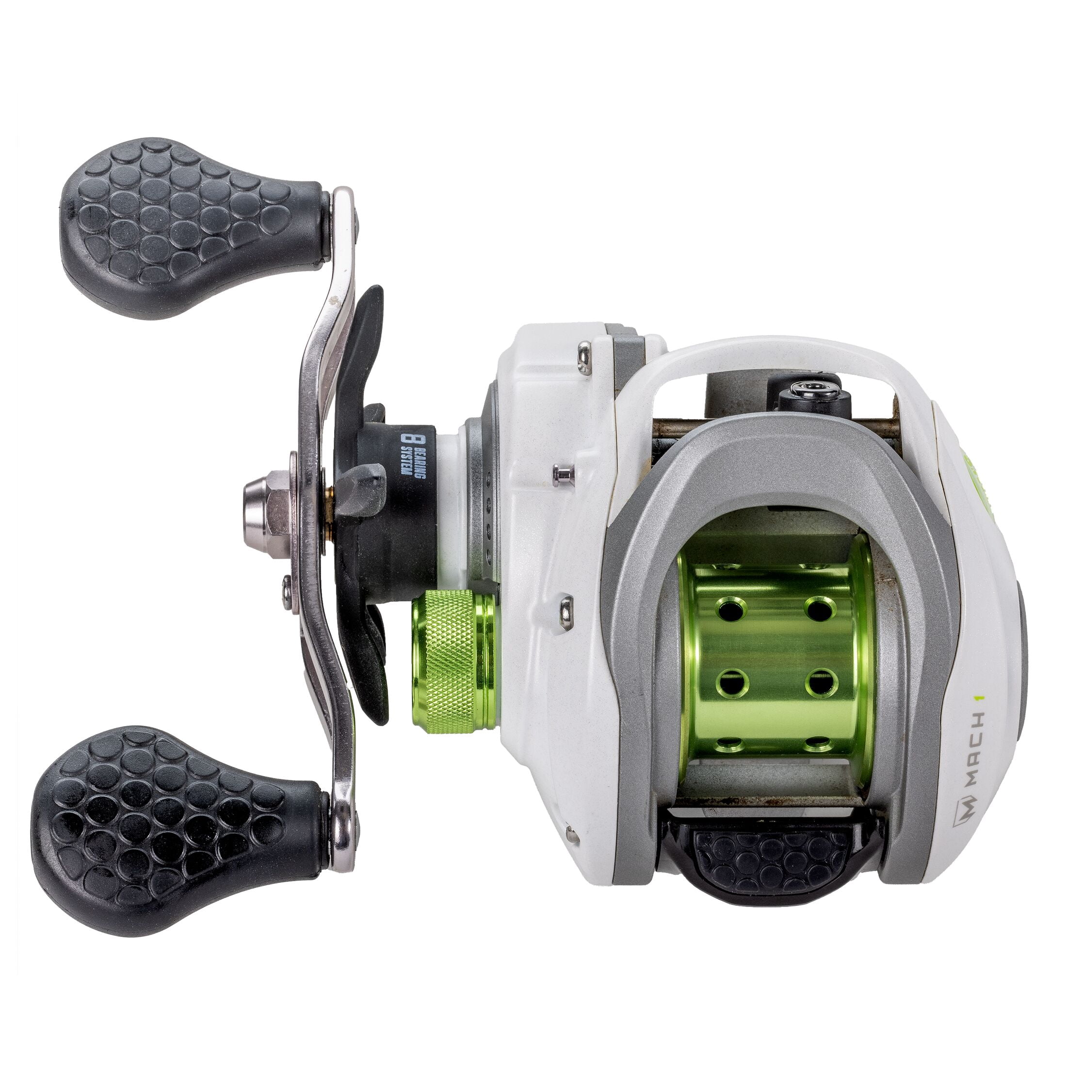 Lew’s MACH 1 SS Baitcast Fishing Reel, 7+1 Bearings, 7.5:1 Gear Ratio, Graphite Frame and Sideplate, Shallow Spool, Multi-Setting Brake, Combat Grips, Left-Hand Retrieve, White/Gray/Green