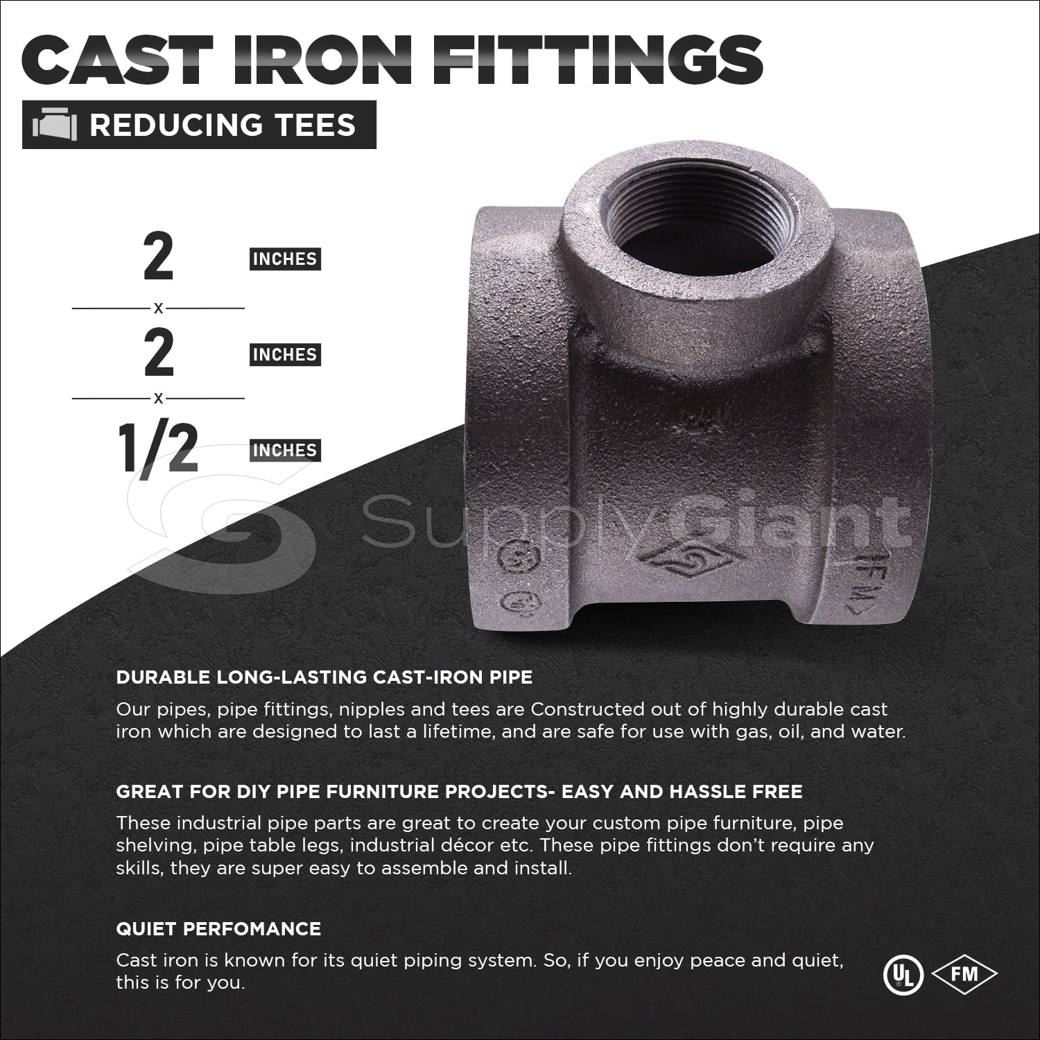 Supply Giant 2" x 2" x 1/2" BLack Pipe Fitting Reducing Tee Cast Iron