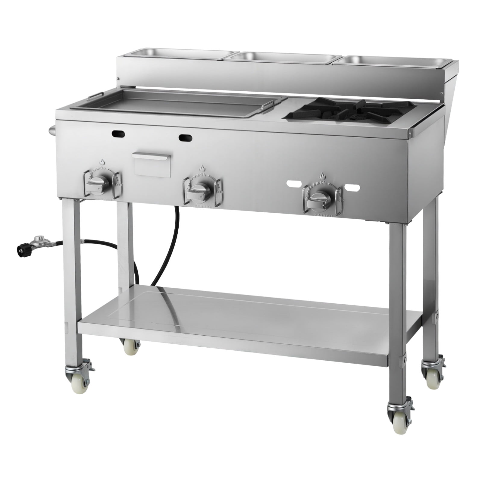 KFFKFF Outdoor Propane Griddle with 3 Burners (11,600 BTU Each), Stainless Steel Cooking Surface, Includes Three 1/3 Size Food Pans, Portable Cart with Wheels and Gas Stove
