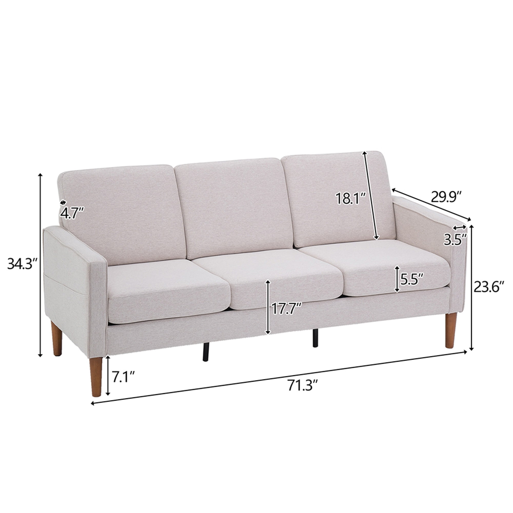 Resenkos 3 Seater Linen Sofa Couch with Tapered Wood Legs for Living Room White Fabric