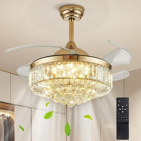 

HOOMEDELIER 42 Chandelier Ceiling Fan with Remote Crystal Beads Framed Fan with 4 Retractable Blades Smart Indoor Fandelier Fan