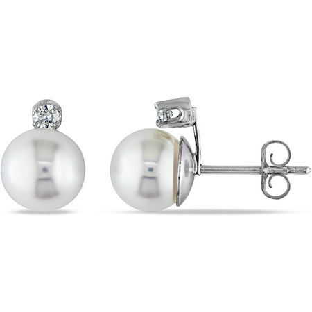 Miabella 7-7.5mm White Round Cultured Pearl and Diamond Accent 14kt White Gold Stud Earrings