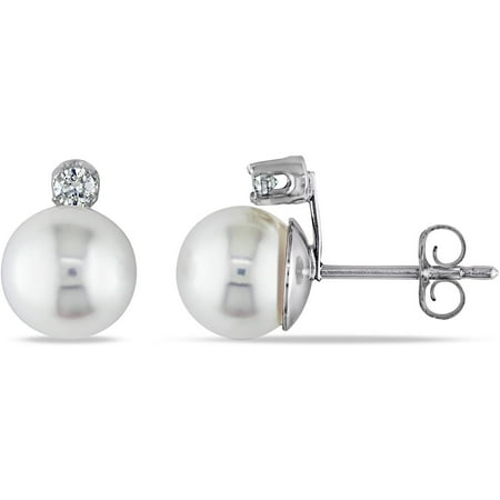 Diamond Pearl Stud 7-7.5mm White Round Cultured Pearl and Diamond Accent 14kt White Gold Stud Earrings ()
