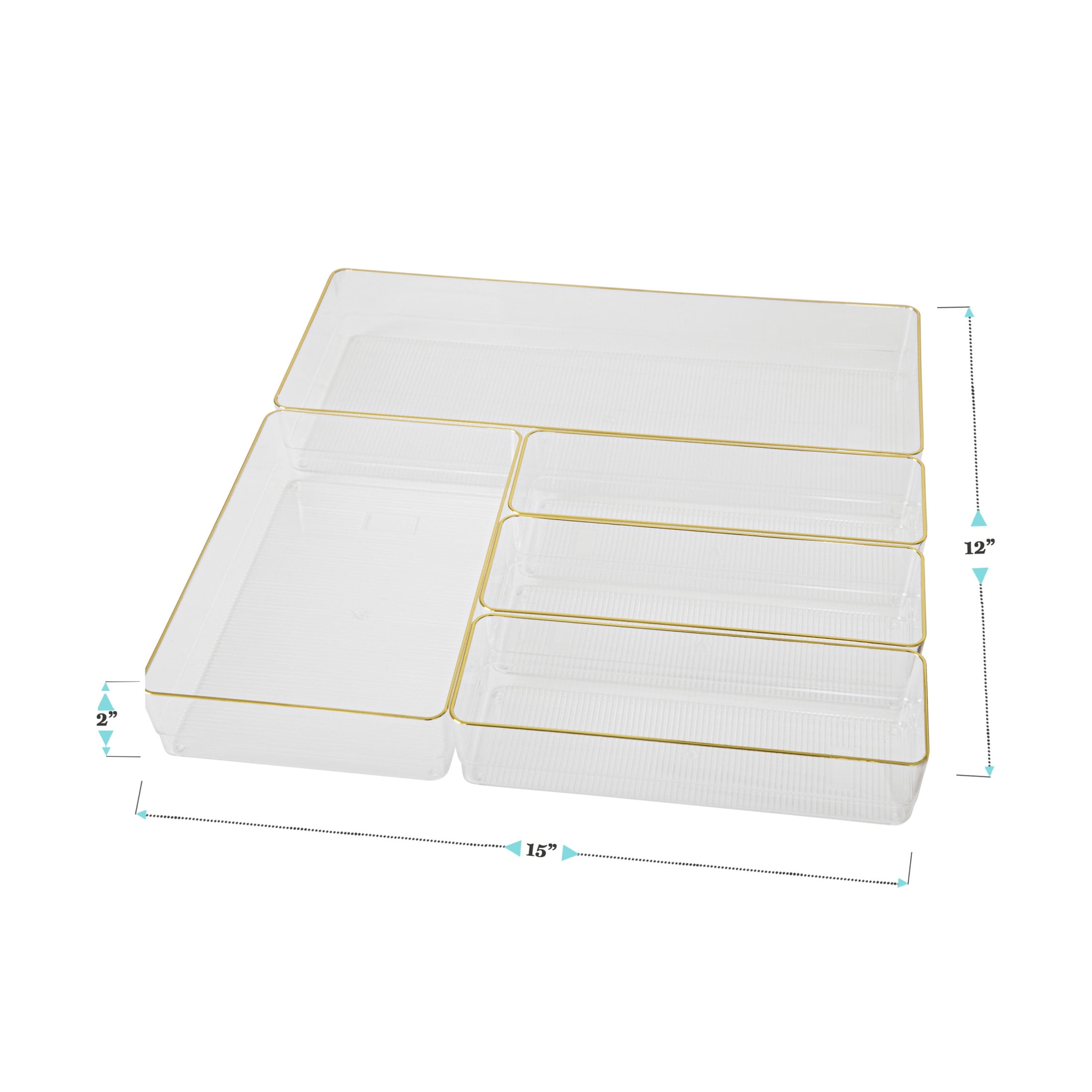 Martha Stewart Kerry Plastic Stackable Office Desk Drawer Organizers with Gold Trim, Various Sizes, Set of 5