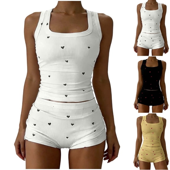 Xaqiouau Womens Pajama Sets Heart Print Ribbed Tank Top and Shorts 2 Piece Lounge Set Sleeveless Summer Sleepwear Cute Pajama