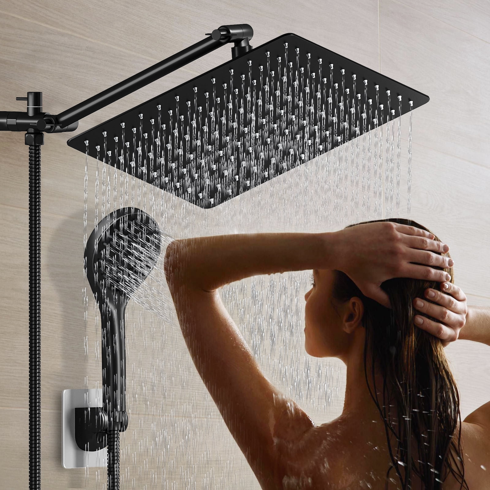 "Amobro Extendable Detachable Shower Head, 12"" Dual, 180/360 Degree Brass, High Pressure Rainfall & 4.3"" Handheld, Chrome"