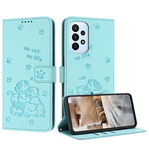 TECH CIRCLE For Galaxy A13 5G Case Wallet,Women Flip Folio Cover Credit Card Holders Lovely Cat Emboss PU Leather Purse Wrist Strap Kickstand Case forSamsung Galaxy A13 5G 6.5" 2021,Green