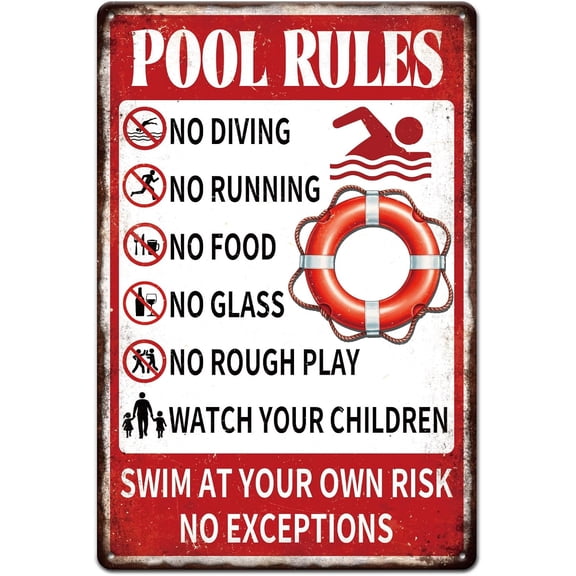Pool Rules Warning Metal Tin Sign "Swim At Your Own Risk" Vintage Painting Tin Signs 12x8inch Retro Wall Art Plaque Poster for Swimming Pool Water Park Beach Decor