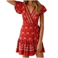 thumbnail image 2 of OKBOP Short Sleeve V-Neck Dress Women's Solid Color Jumpsuit Short Skirt Sexy Off Shoulder Waist Sleeveless Dress tea Shift Dress Red L(8), 2 of 7