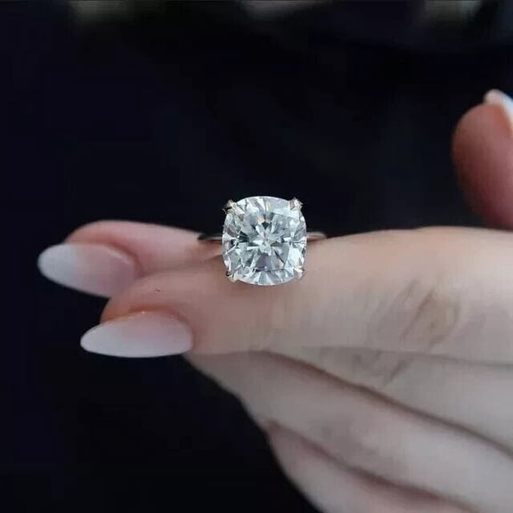3Ct Lab Created Diamond Cushion Cut Solitaire Engagement Ring 14K White Gold Plated