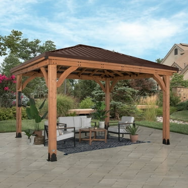 Backyard Discovery Barrington 14' x 10' Cedar Wood Gazebo, Galvanized Steel Roof, PowerPort