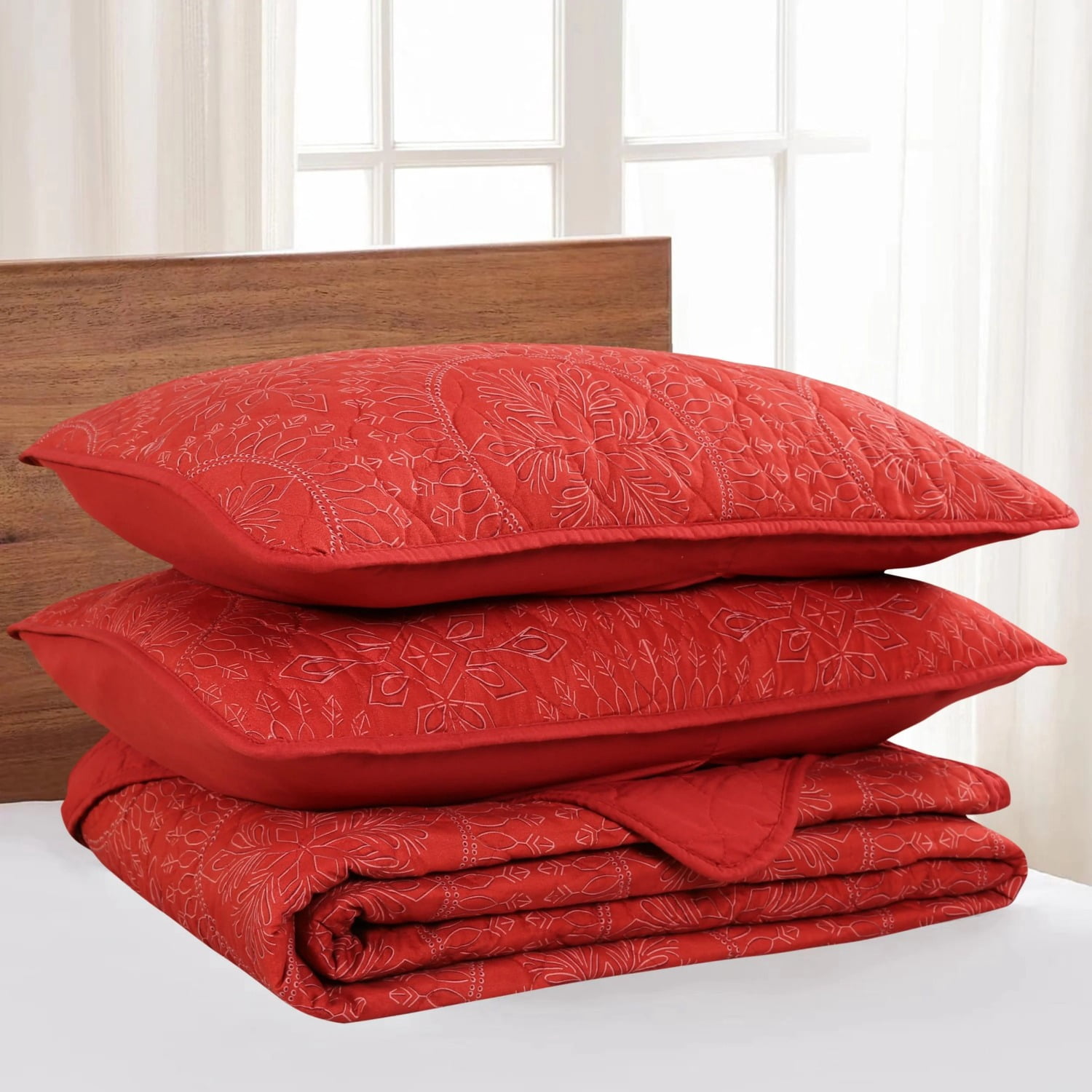 MarCielo 3 Pcs Red Christmas Quilt Bedspread Set Medallion Queen