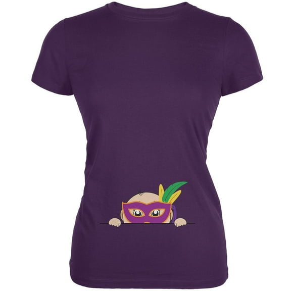 Mardi Gras - Peeking Baby King Cake Purple Juniors Soft T-Shirt - Medium