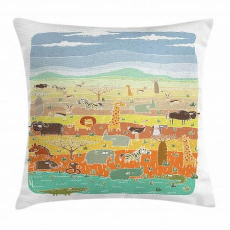 Kids Boys Throw Pillow Cushion Cover, African Savannah with Doodle Animals Snake Giraffe Lion Boar Zebra and Crocodile, Decorative Square Accent Pillow Case, 24 X 24 Inches, Multicolor, by Ambesonne