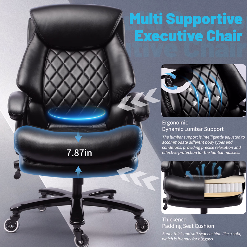 thumbnail image 3 of Qusaphy 800LBS Big and Tall Executive Office Chair, PU Leather Ergonomic Desk Chair with Adjustable Backrest and Thick Padded Cushion, Heavy Duty Chair for Home or Office Black, 3 of 9