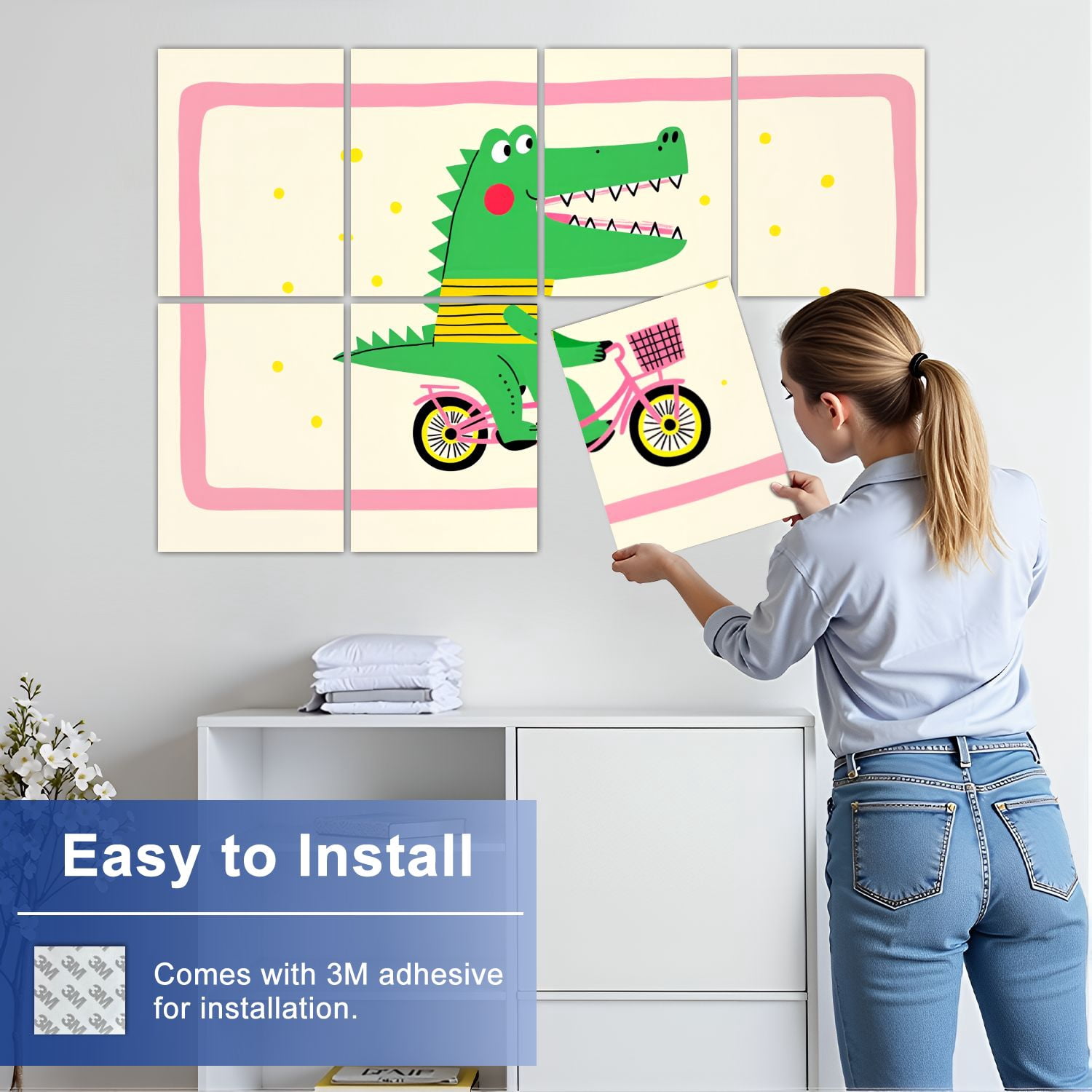 8 Pack Art Acoustic Panels Sound Absorbing Green Crocodile Riding Pink Decorative Soundproof Wall Panels Self Adhesive for Nursery Game Room Bedroom 48"x32"