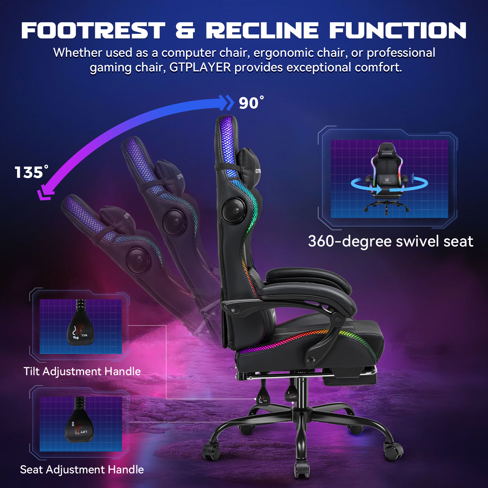 GTPLAYER RGB Gaming Chair with Speakers, Computer Gamer Chair with Footrest and LED Lights, Black