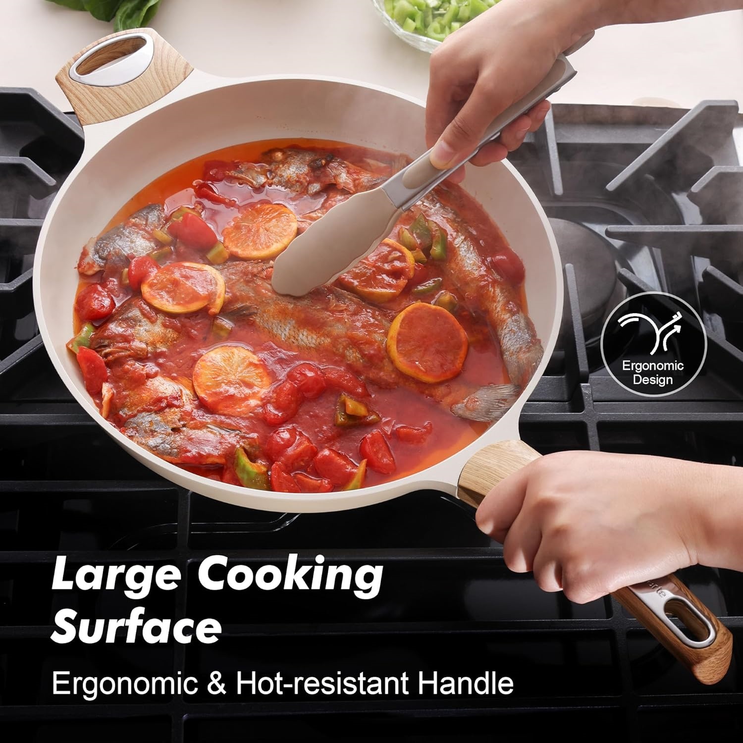 Ceramic Nonstick Frying Pan Skillet with Hot-resistant Handle 12.5Inch Large   Healthy Kitchen Cooking Chef's Pan