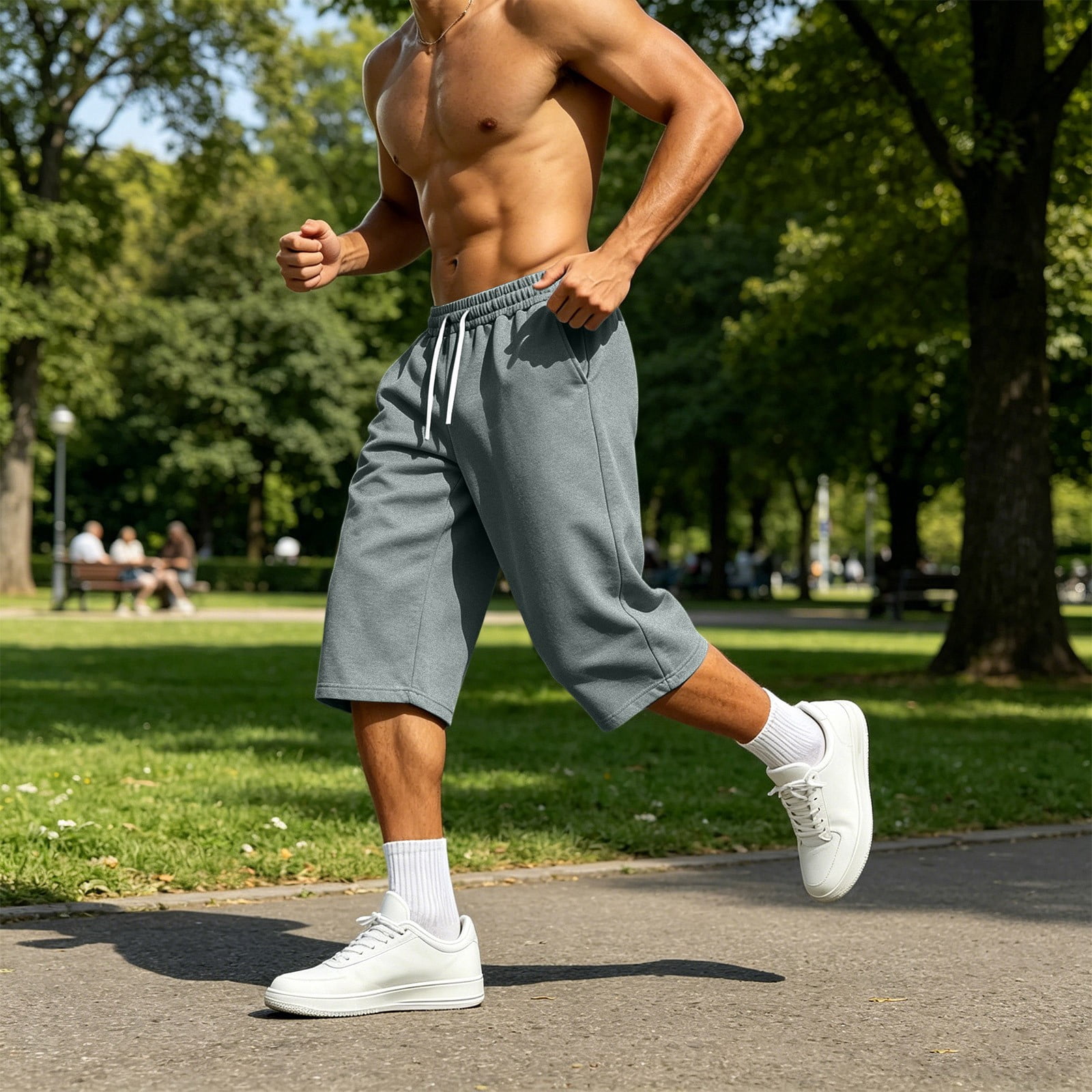 ShomPort Men's Capri Pants Summer Baggy Sweat Shorts Below Knee Drawstring Sport Casual Pants with Pockets