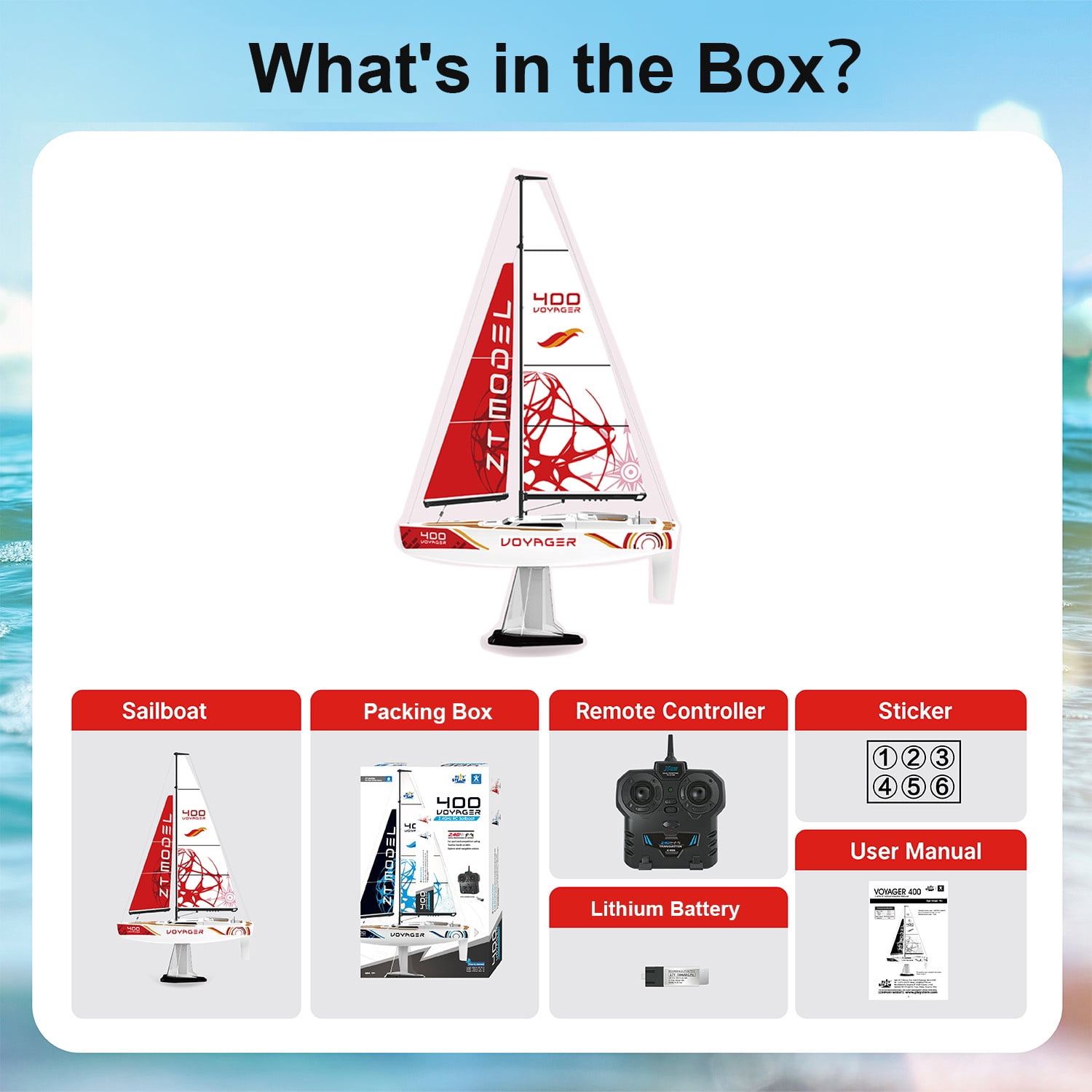 PLAYSTEAM Voyager 400 2.4GHz RC Sailboat, Wind-Powered Remote Control Model Boat, STEM Educational Water Toy with Adjustable Sail & Rudder for Pool & Lake, Red