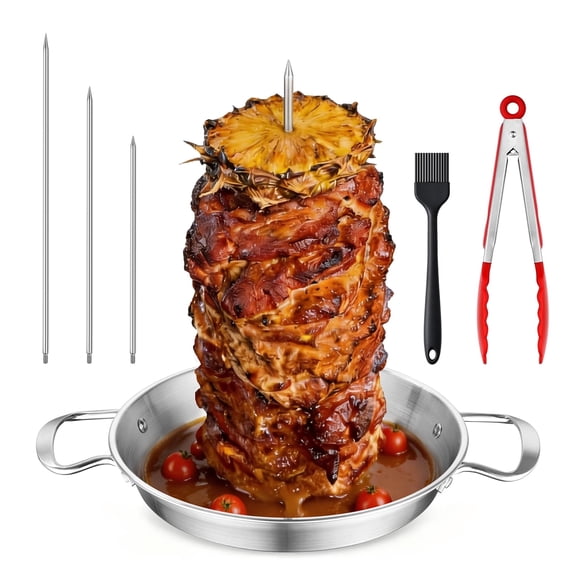 Walchoice Al Pastor Skewer for Grill, Stainless Steel Vertical Skewer, Brazilian Spit Stand with 3 Spikes(8”/10”/12”) & Brush Tong, Sharwarma Meat Stand for Taco, Kebab, Chicken - Fits Oven & Smoker