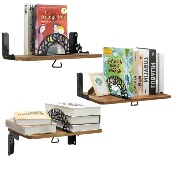 【HOSTK】3Pcs Multi-Functional Wood Floating Wall Shelves with Bookends & Hooks, Rustic Floating Shelves Wall Mounted for Nursery, Bedroom, Bathroom, Anti-Tipping Book Shelves for Home Decor & Storage