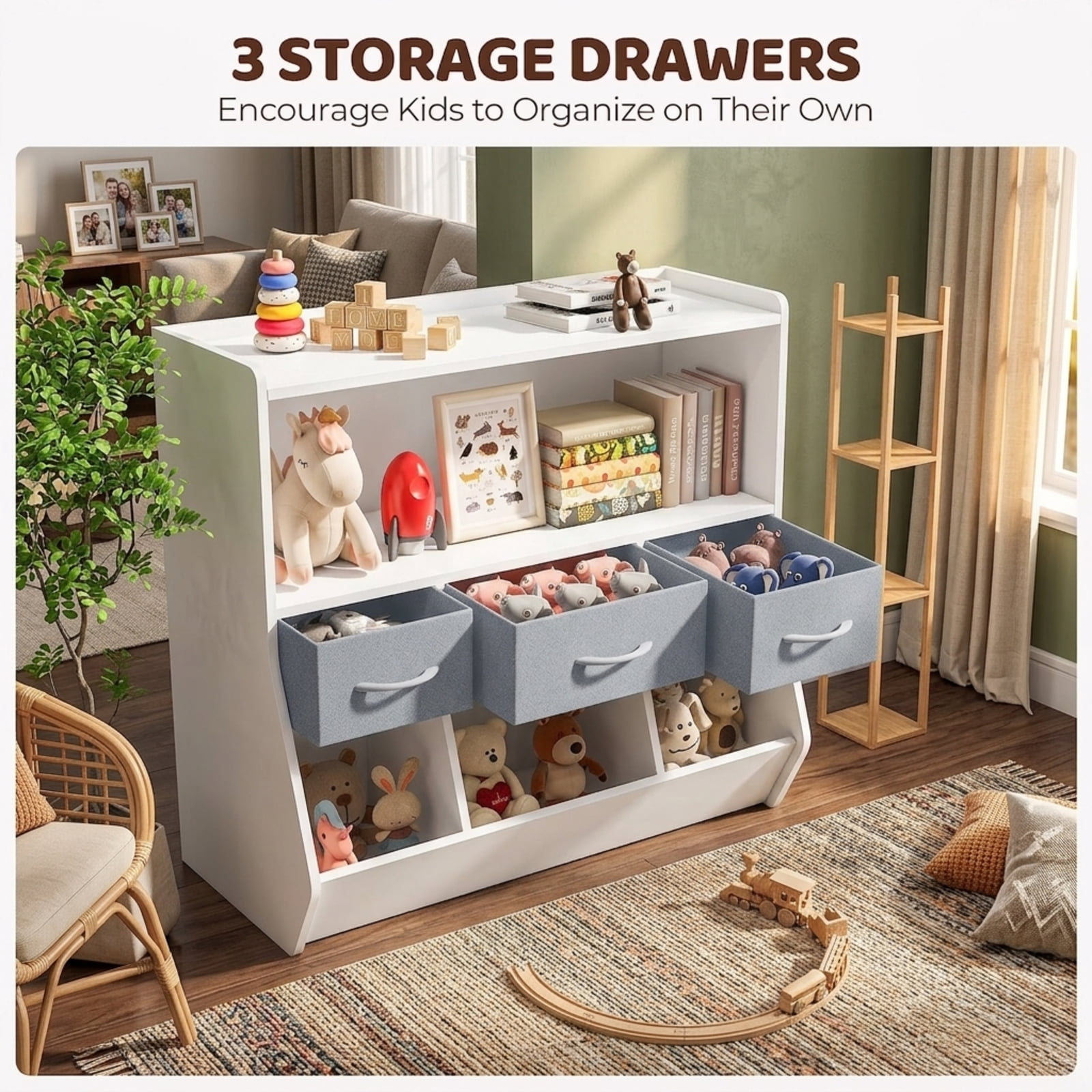 Fenbeli Kids Bookshelf and Toy Storage Organizer, White MDF Bookcase with 3 Removable Fabric Bins Open Compartments and Rounded Edges, for Nursery Bedroom and Playroom