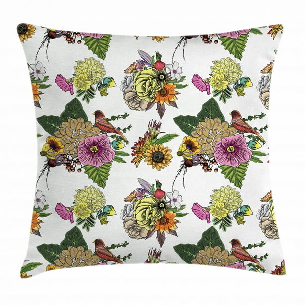 Botanical Throw Pillow Cushion Cover, Roses Dahlia Hibiscus with Leaves