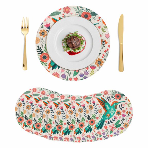Turquoise Birds Round 15 Inch Placemats Set of 8, Country Cartoon Colorful Flowers Herbs HeatResistant Non Slip Place Mats for Dining Table, Wipeable Braided Kitchen Table Mats for Housewarming