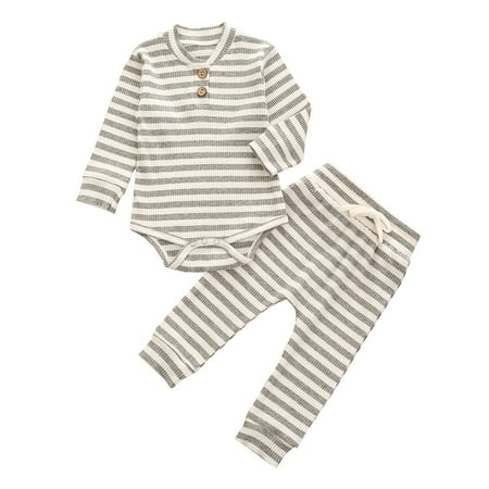 

Canrulo Newborn Infant Unisex Baby Boy Girl Button Striped Romper Bodysuit Pants Clothes 2Pcs Pajamas Set Grey White 6-12 Months