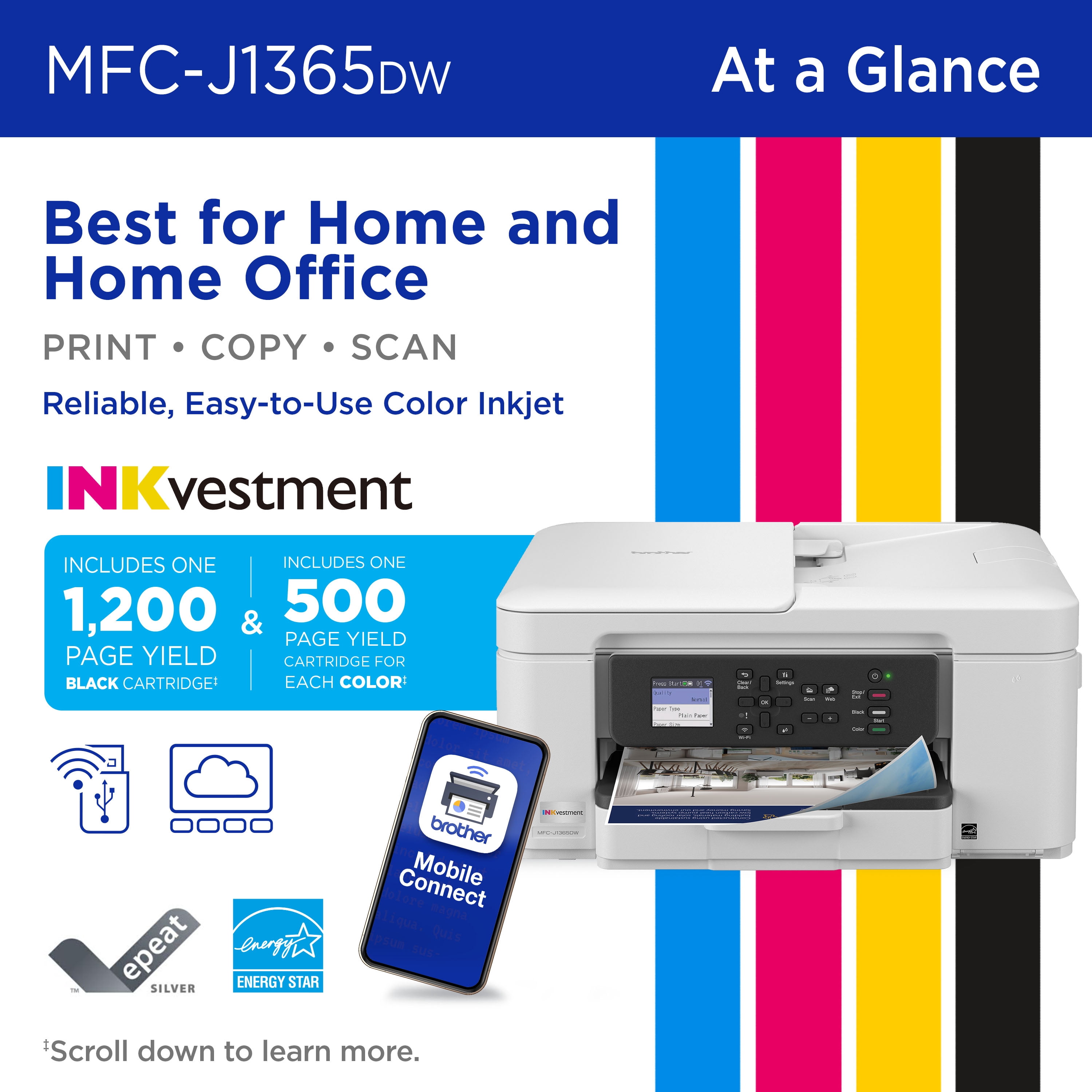 Brother INKvestment 1365 MFC-J1365DW Wireless Color Inkjet All-in-One Printer with Automatic Duplex Printing and 1.8” Color Display
