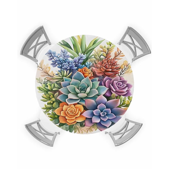 nqOlkjepod Summer Botanical Succulents Round Tablecloth, Fitted Table Cover with Elastic for 45"-54" Round Tables, Watercolor Spring Floral Botanical Table Cloth Dinning Party Waterproof Tablecloths