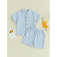 thumbnail image 2 of FEORJGP Kids Boys Summer Linen Outfits Toddler Short Sleeve Shirt Solid Color T-Shirt Buttons Tops and Elastic Waist Shorts Infant Baby 2Pcs Loose Casual Daily Clothes Set, 2 of 9