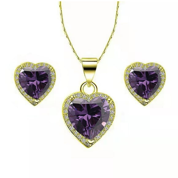 Paris Jewelry 10k Yellow Gold Heart 1 Ct Created Amethyst Full Set Necklace 18 inch Plated