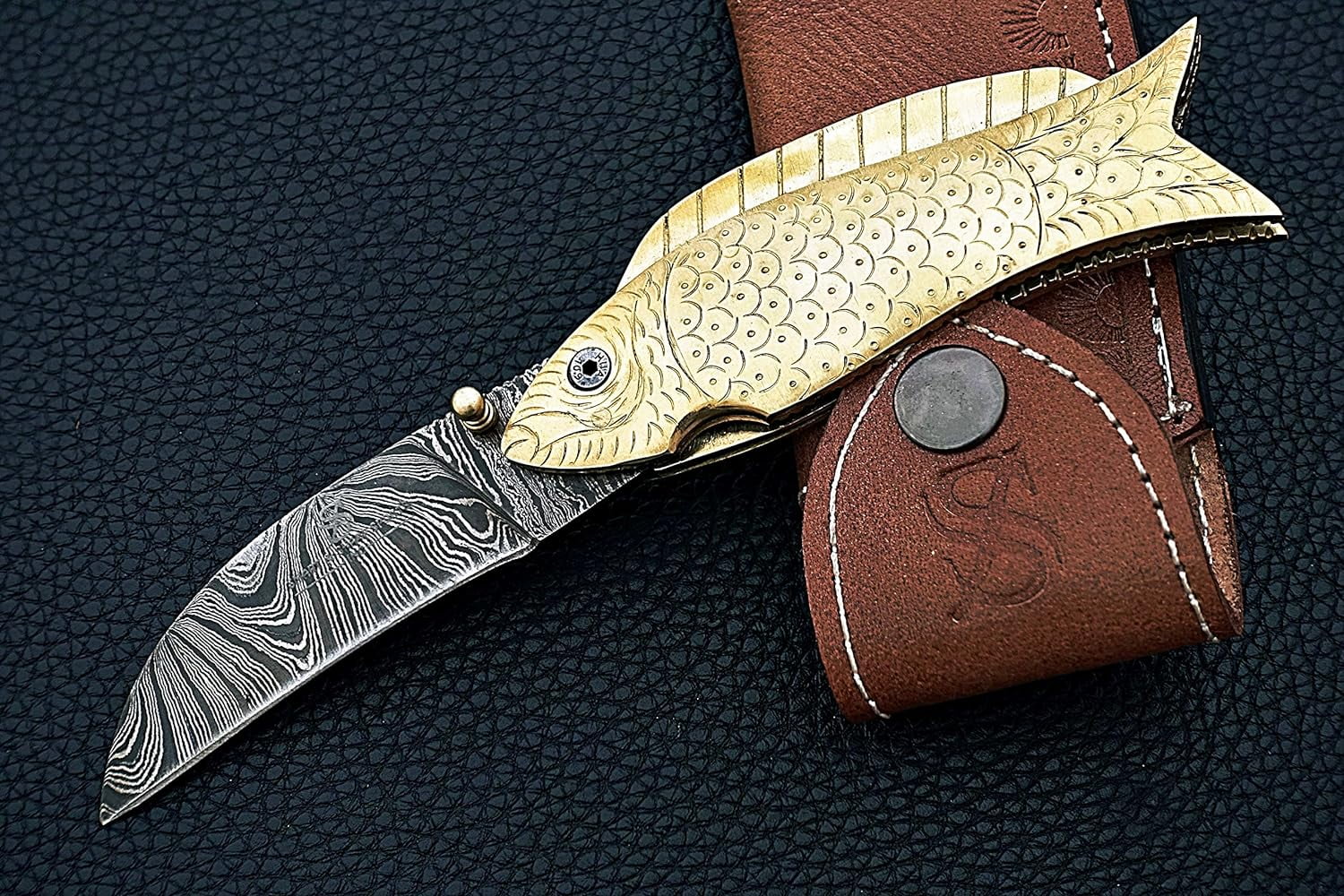Smart & Sharp Custom Handmade Damascus Steel Fish Knife/Folding Knife/Pocket Knife SS-17370(Brass Engraved Handle)