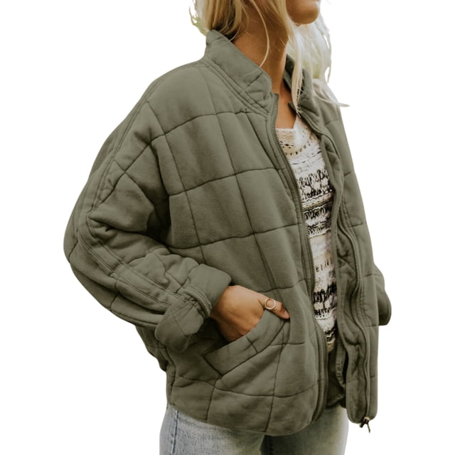 ITFABS Women Stand Collar Long Sleeve Solid Color Full Zip Quilted Jackets