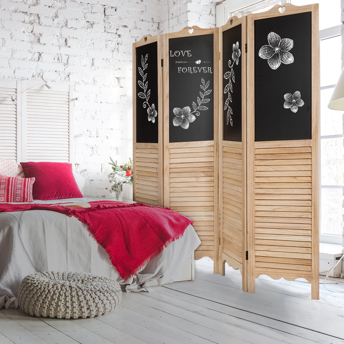 Costway 4-Panel Folding Divider Screen W/Chalkboard 5.7Ft Tall Natural