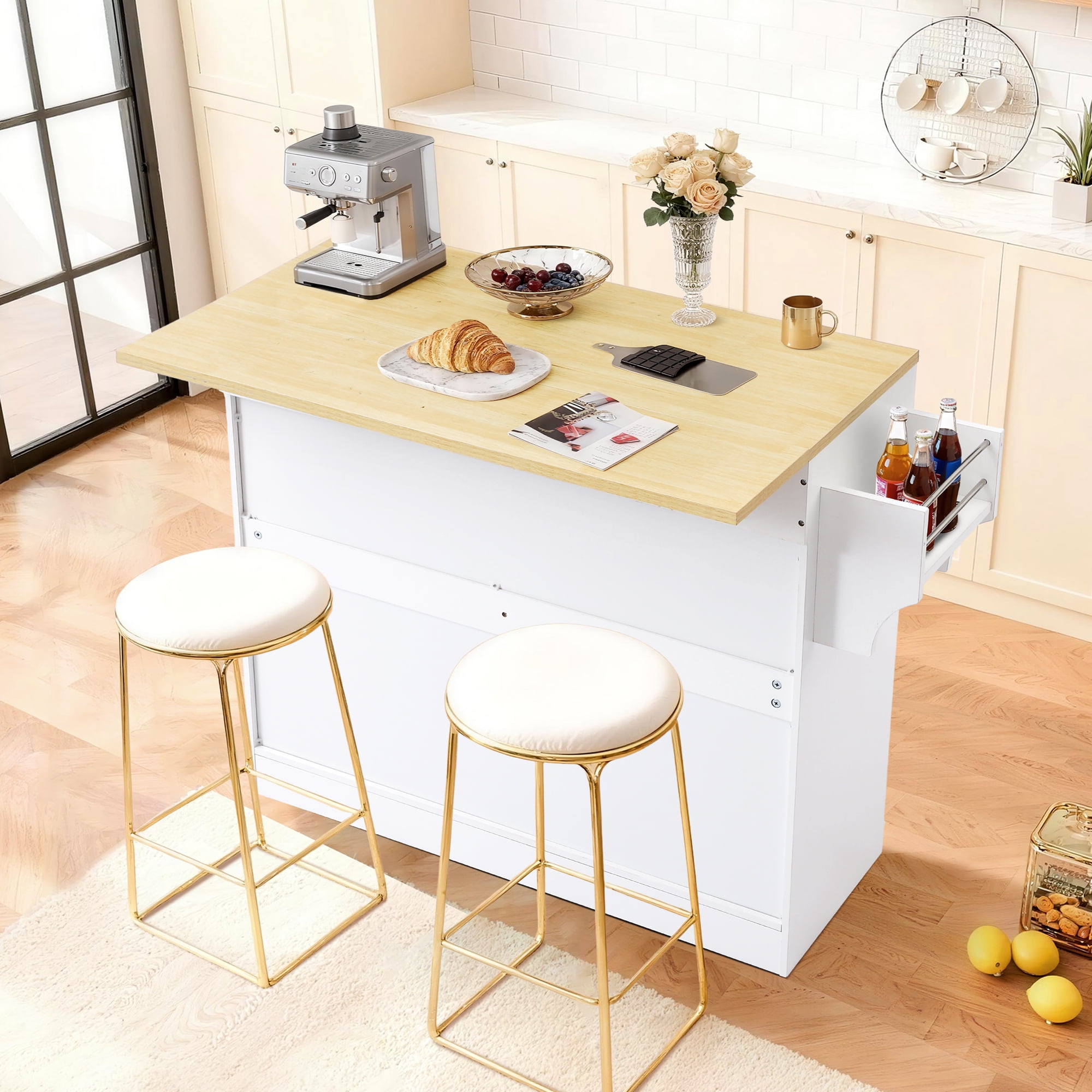 Haverchair 39.7" Kitchen Island with Drop Leaf and Storage Cabinet, Mobile Kitchen Rolling Bar Cart with Trash Can Cabinet and Drawer, Modern Island Table for Kitchen with Spice Rack and Towel Rack