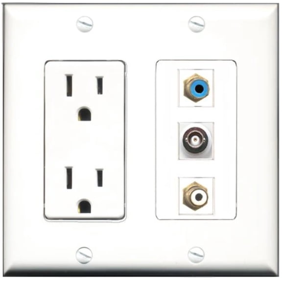 RiteAV - 15 Amp Power Outlet 1 Port RCA White 1 Port RCA Blue 1 Port BNC Decorative Wall Plate