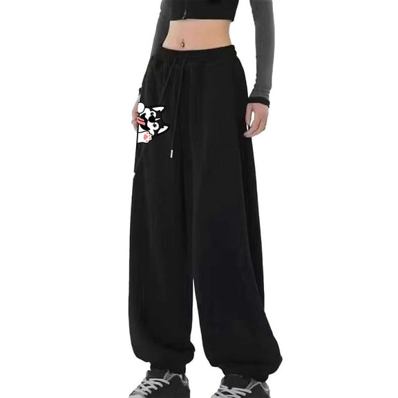 Munlar Women's Cropped Sweatpants Baggy Black Pants for Women High Waisted Drawstring Trousers with Pockets Size M