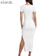 thumbnail image 2 of Women's Side Slit Deep V Neck Bodycon Maxi Dress Split Short Sleeve Evening Party Long Dresses - White, 2 of 6