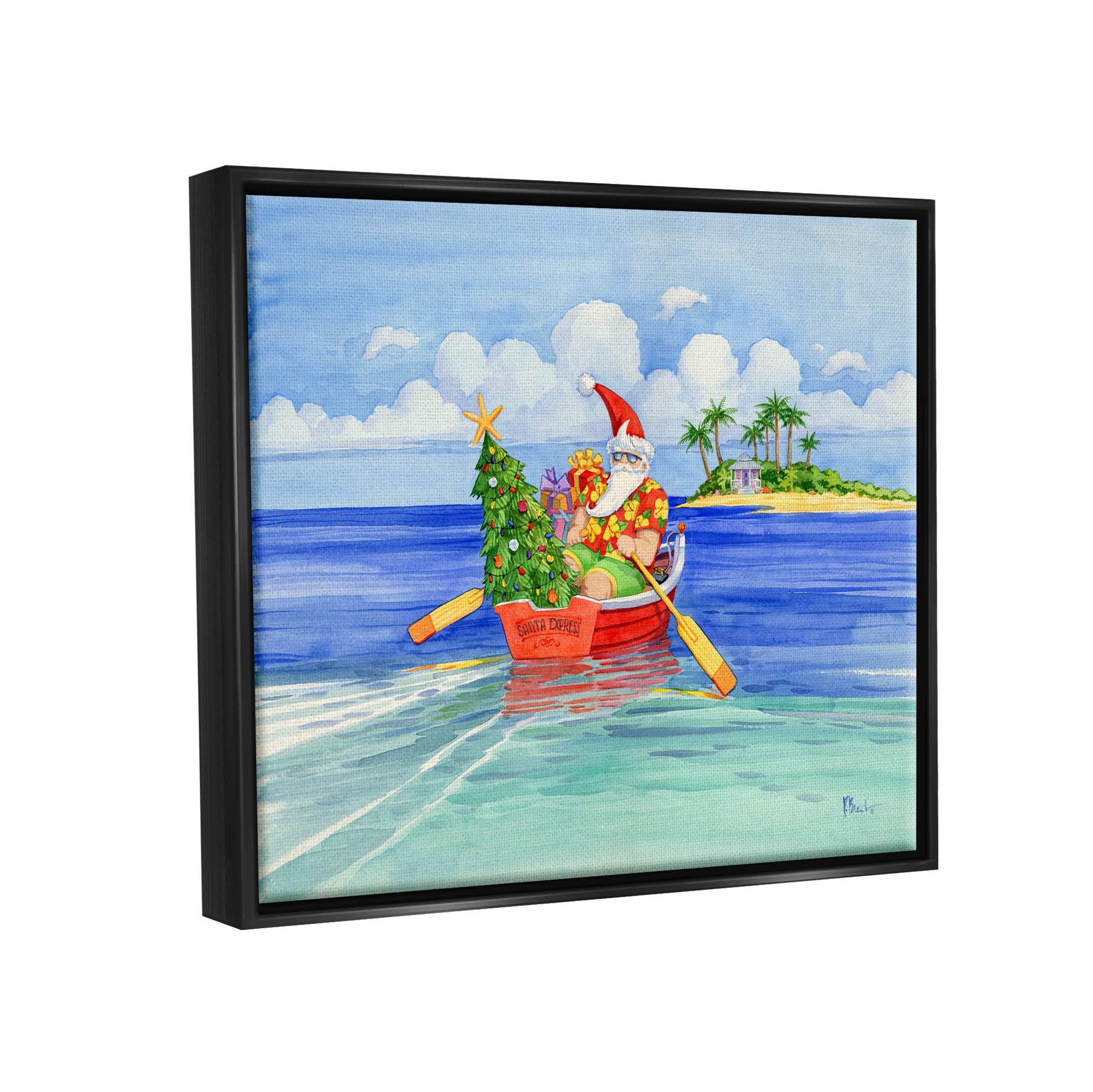 Stupell Industries Santa's Delivery Tropical Christmas Boat Painting Jet Black Floating Framed Canvas Print Wall Art, Design by Paul Brent