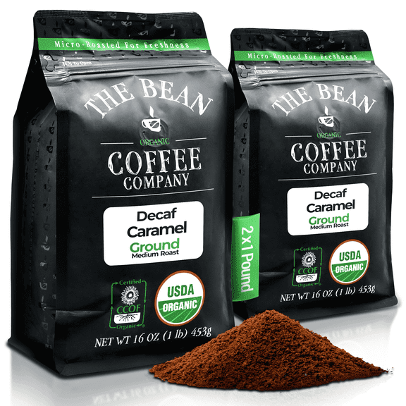 The Bean Organic Coffee Company Water Processed DECAF Caramel, Medium Roast, Ground Coffee, 16-Ounce Bags (Pack of 2)