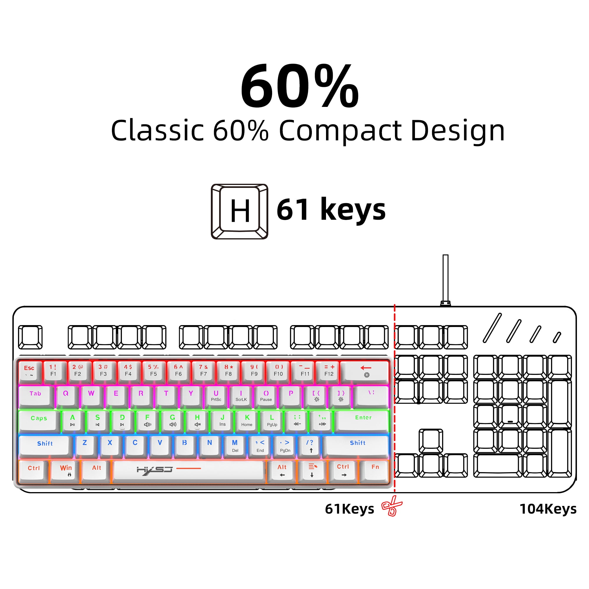 UHM 60% Wired Mechanical Gaming Keyboard,RGB Backlit Mini Keyboard with Blue Switch/Multimedia Keys,Waterproof Small Ultra-Compact 61 Keys Keyboard for PC/Mac Gamer,Typist,Travel,White