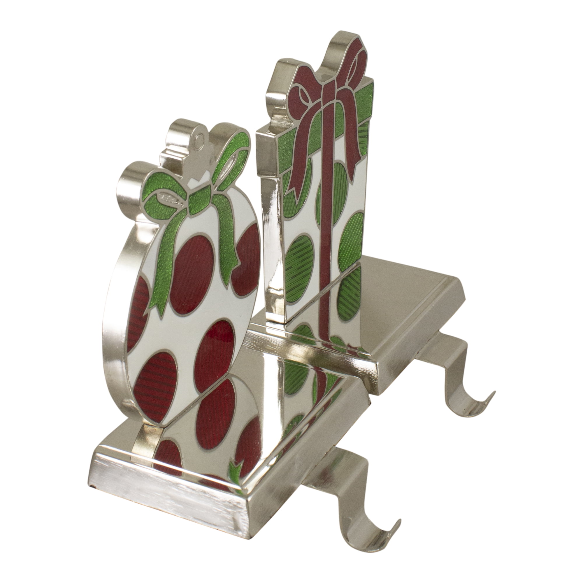 Gift Box Christmas Stocking Holders - 5.5" - Green Red and Silver - Set of 2
