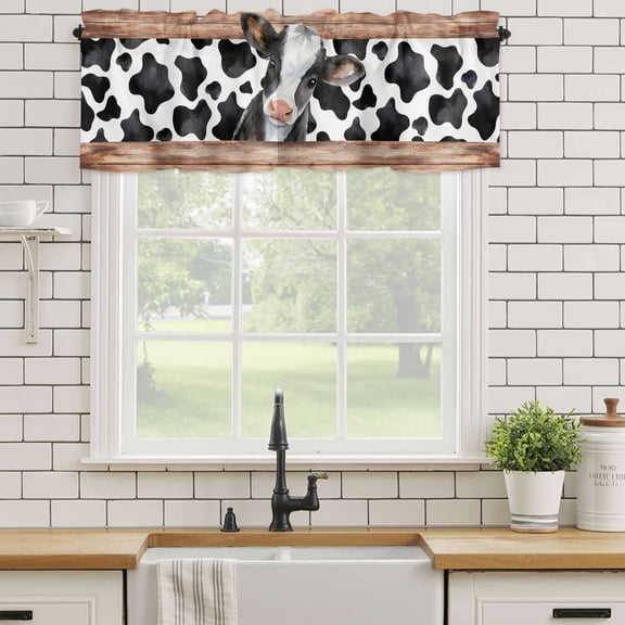 Kitchen Valances for Window, Farms Cute Black White Cows Light Filtering Rod Pocket Valance Curtain, Brown Wood Patterns Short Curtains Window Topper for Bedroom Bathroom Living Room 54x18in