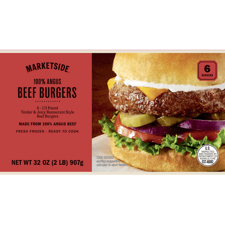 Marketside 100% Angus Beef Burgers, 6 Count, 2 lb (Frozen)