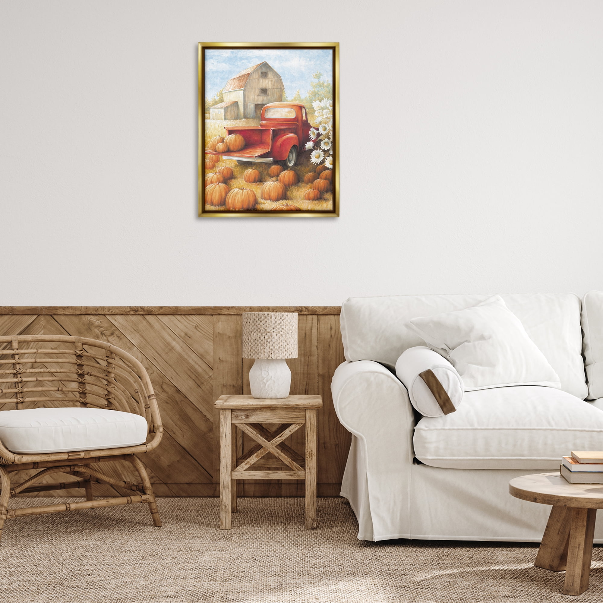 Stupell Industries Pumpkin Harvest Drop Off Landscape Painting Gold Floater Framed Canvas Art Print Wall Art, 25 x 31