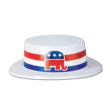 Styrofoam Skimmer Hats Club Pack of 24 Red,White and Blue Patriotic Skimmer with Republican Elephant Band Party Hats ()
